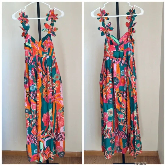 Anthropologie Farm Rio Pleated Palm Vibrant Floral Midi Dress - XS Petite - Picture 3 of 3